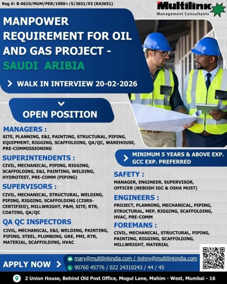 Manager Jobs in Gulf – Site, Planning, E&I, Painting, Structural, Piping, Equipment, Rigging, Scaffolding, QA/QC, Warehouse, Pre-commissioning