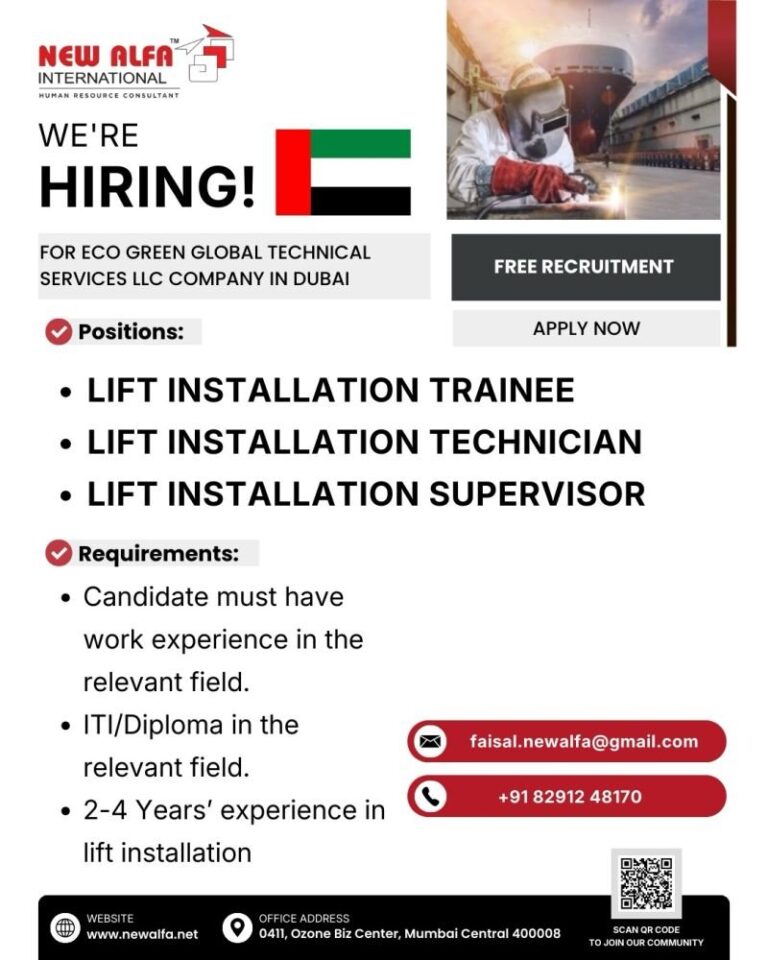 Lift Installation Jobs in United Arab Emirates – Lift Installation Trainee, Lift Installation Technician, Lift Installation Supervisor
