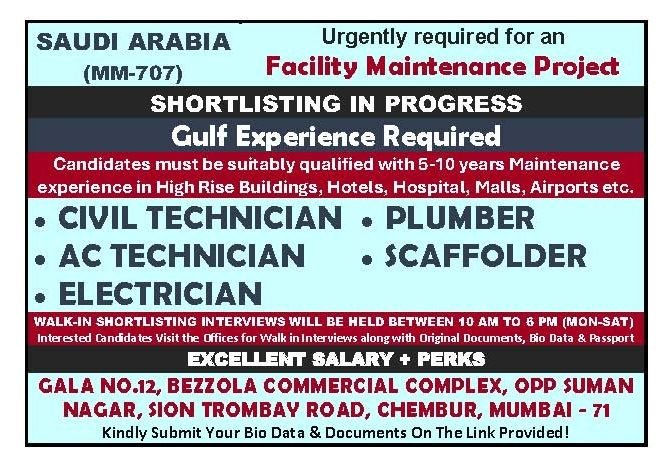 Facility Maintenance Jobs in Saudi Arabia – Civil, Electrical, and Plumbing
