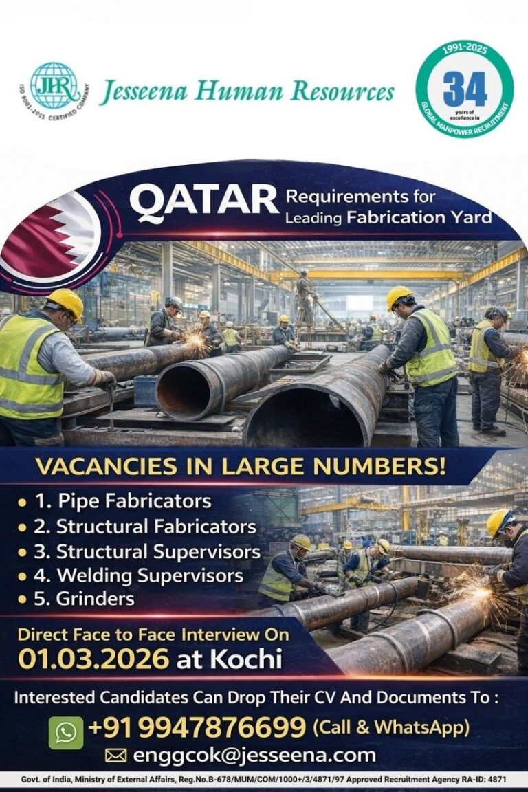 Fabrication Jobs in Gulf – Pipe Fabricators, Structural Fabricators, Structural Supervisors, Welding Supervisors, Grinders