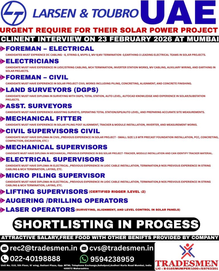 Solar Power Project Jobs in India – Foreman, Electricians, Surveyors, and More