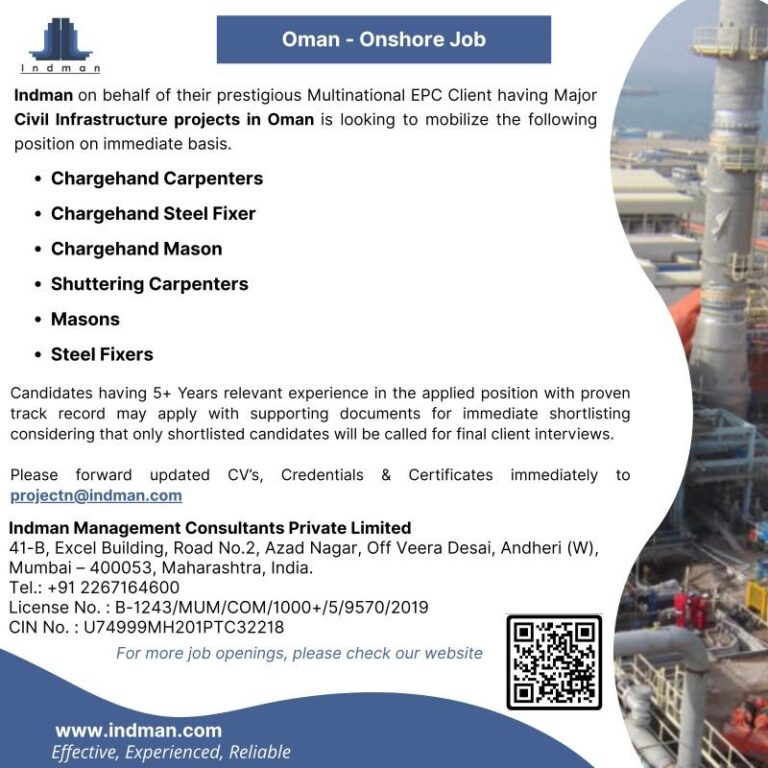 Construction Jobs in Oman – Chargehand Carpenters, Steel Fixer, Mason