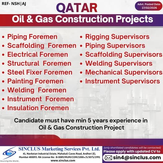 Oil and Gas Jobs in Qatar – Piping, Rigging, and Scaffolding Supervisors