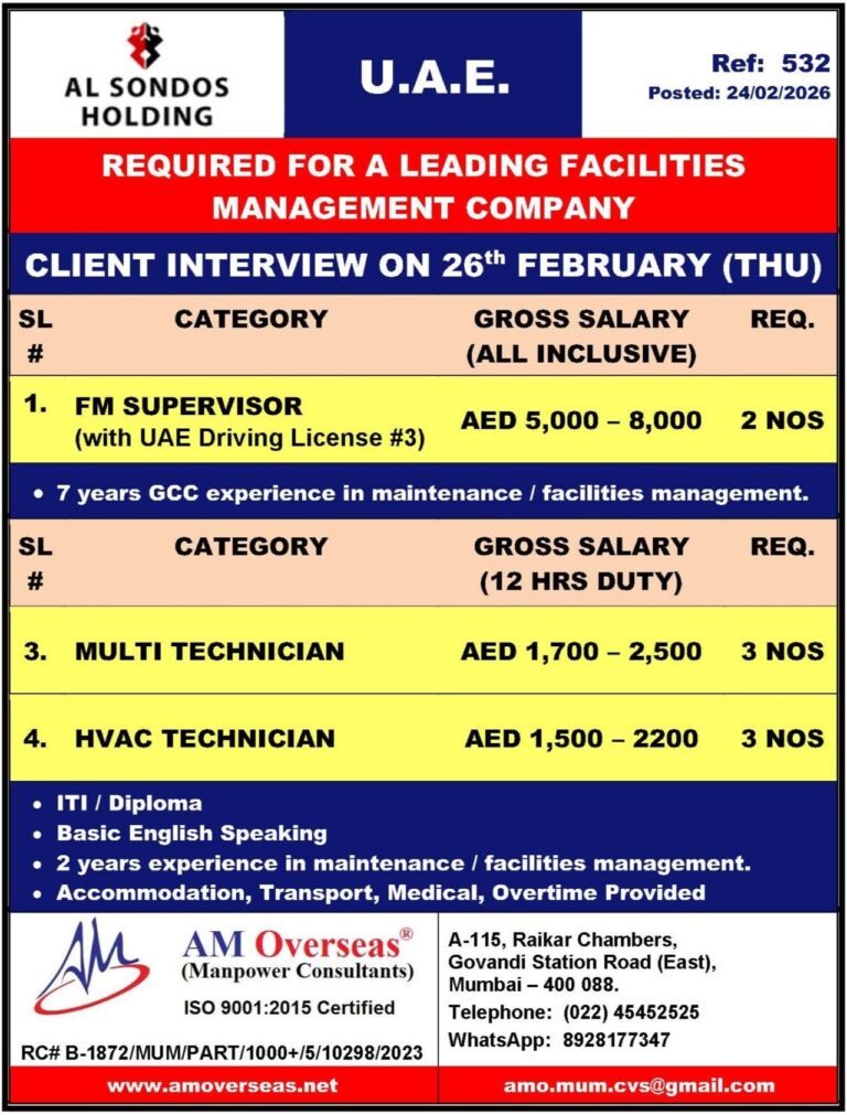 Facility Management Jobs in UAE – Supervisor and Technician
