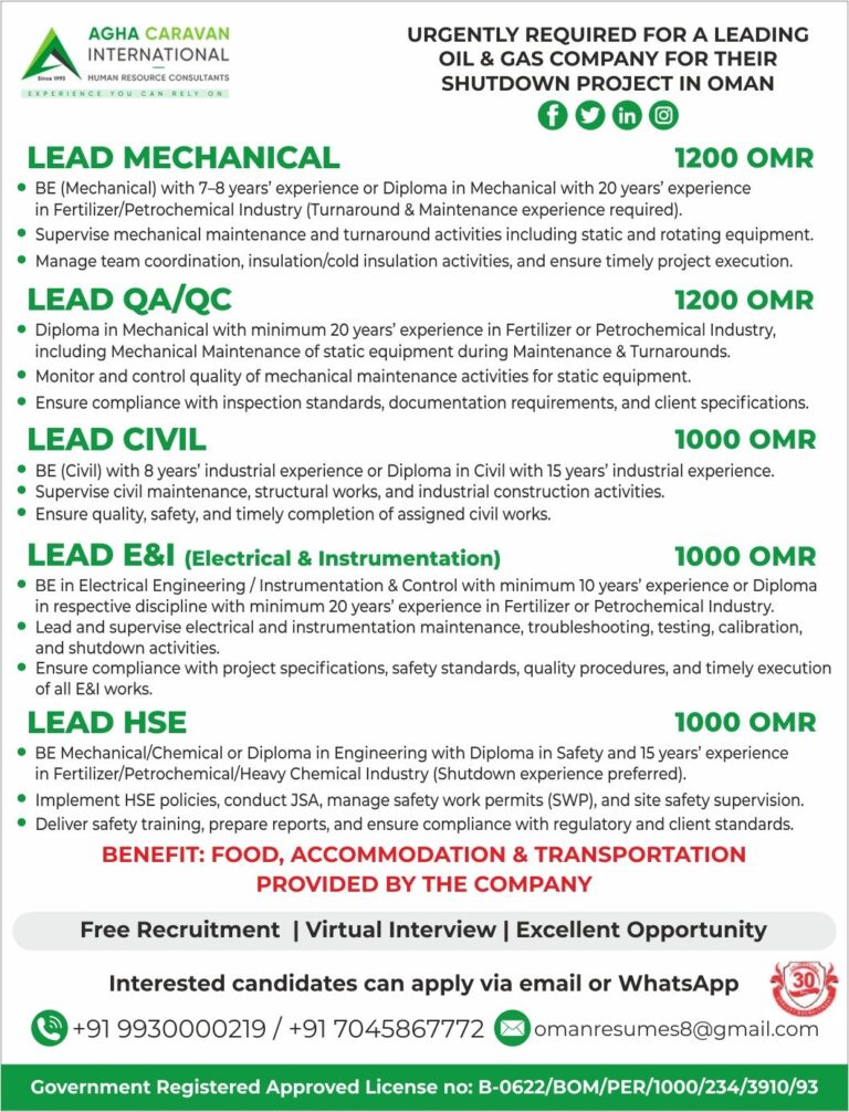 Lead Jobs in Oman – Mechanical, QA/QC, Civil, Electrical, and HSE