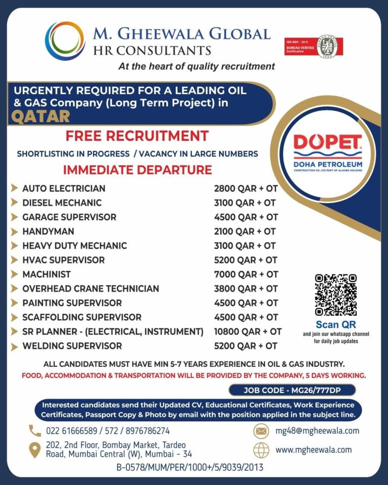Oil and Gas Jobs in Qatar – Auto Electrician, Diesel Mechanic, and More