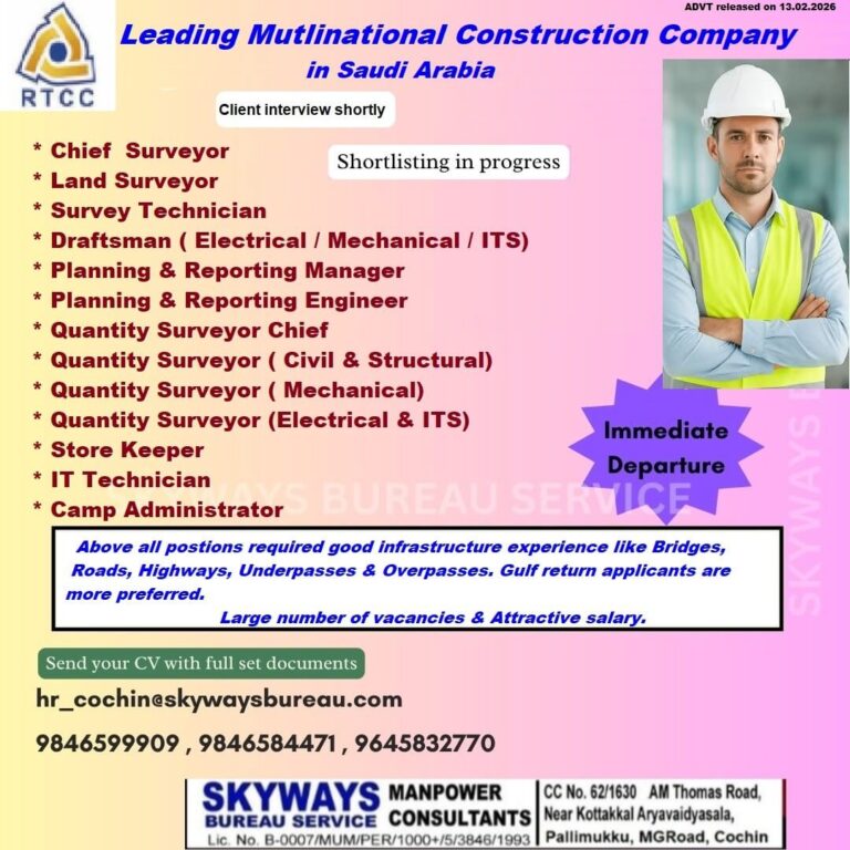 Construction Jobs in Saudi Arabia – Chief Surveyor, Land Surveyor, Survey Technician, and more