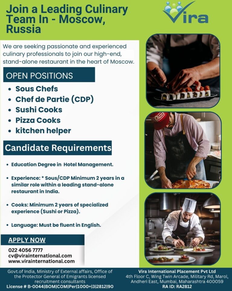 Culinary Jobs in Russia – Sous Chefs, Chef de Partie, Sushi Cooks, Pizza Cooks, Kitchen Helper