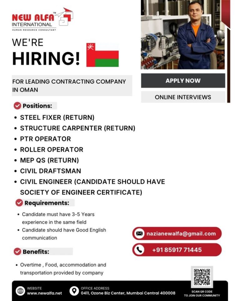 Contracting Jobs in Oman – STEEL FIXER, STRUCTURE CARPENTER, PTR OPERATOR, ROLLER OPERATOR, MEP QS, CIVIL DRAFTSMAN, CIVIL ENGINEER