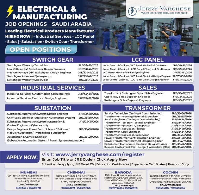 Electrical and Manufacturing Jobs in Saudi Arabia – Various Positions