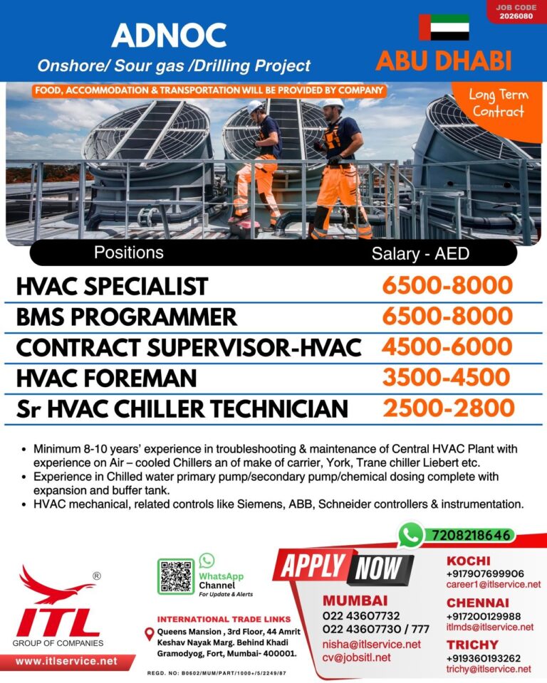 HVAC Jobs in Gulf – HVAC SPECIALIST, BMS PROGRAMMER, CONTRACT SUPERVISOR-HVAC, HVAC FOREMAN, Sr HVAC CHILLER TECHNICIAN