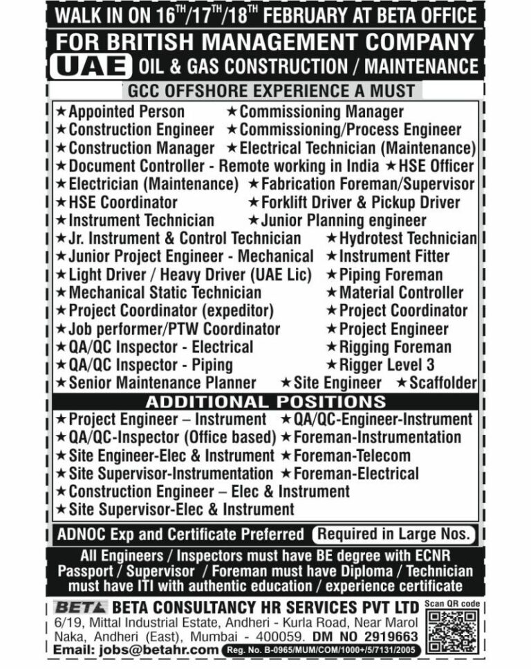 Oil and Gas Jobs in UAE – Construction, Maintenance, and Engineering Positions