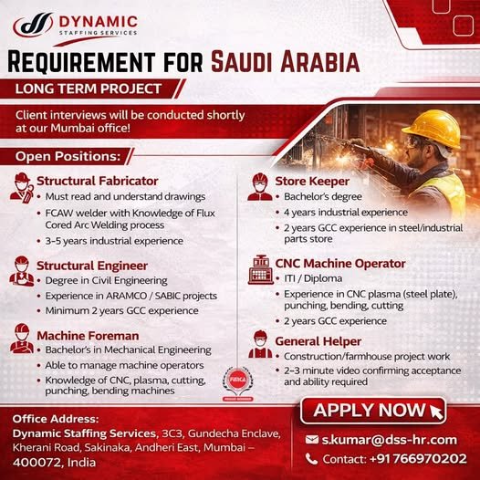 Structural and Engineering Jobs in Saudi Arabia – Fabricator, Engineer, and Foreman