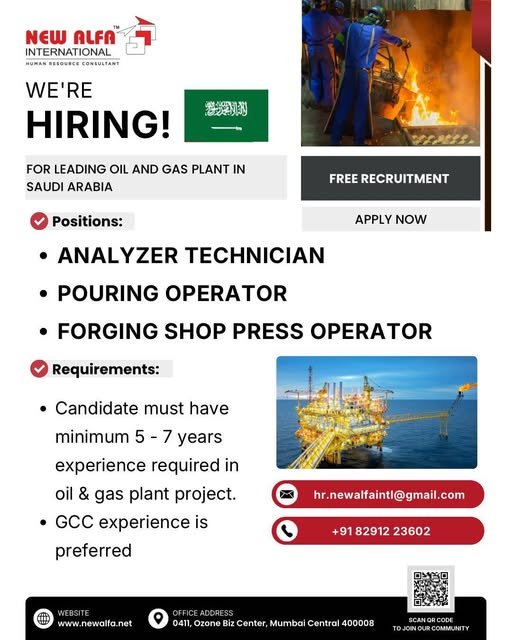 Oil and Gas Jobs in Saudi Arabia – Analyzer Technician, Pouring Operator, Forging Shop Press Operator