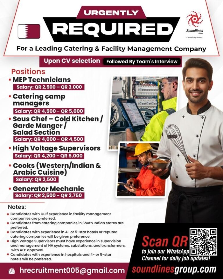 Catering and Facility Management Jobs in Qatar – MEP Technicians, Sous Chef, and More