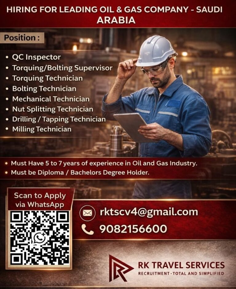 Oil and Gas Jobs in Saudi Arabia – QC Inspector, Torquing/Bolting Supervisor, and More