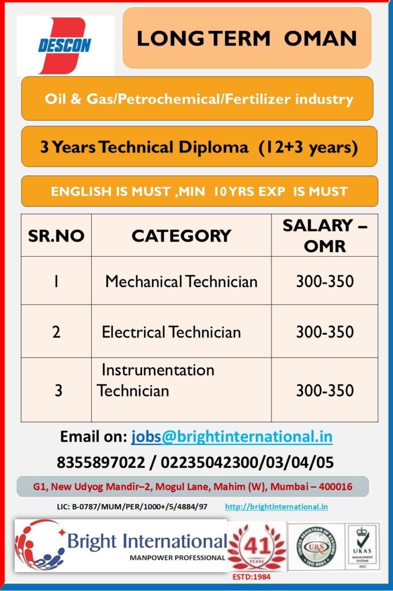 Mechanical, Electrical, and Instrumentation Technician Jobs in Oman – Long Term