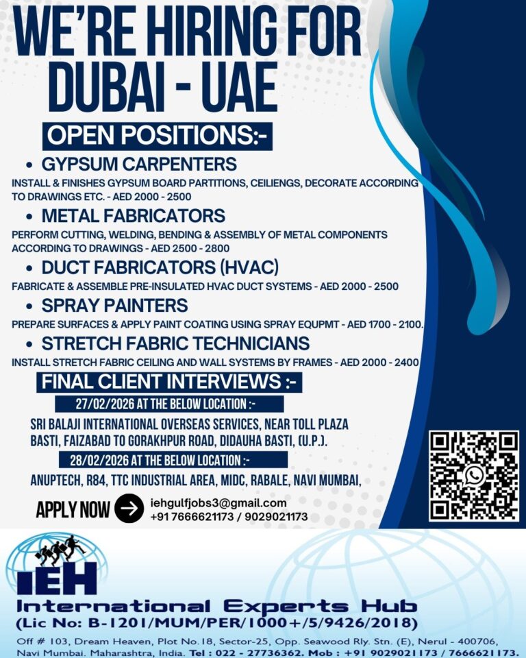 Gypsum Carpenters, Metal Fabricators, and Other Jobs in UAE – Multiple Positions