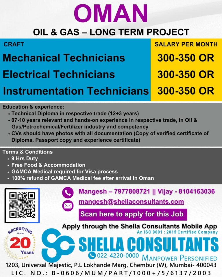 Mechanical, Electrical, and Instrumentation Technician Jobs in Oman – Oil & Gas Project