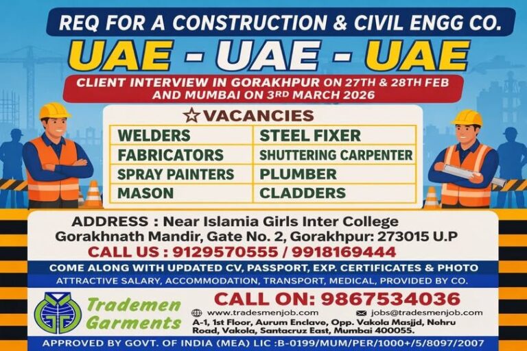 Construction Jobs in UAE – Welders, Steel Fixer, Fabricators, and more