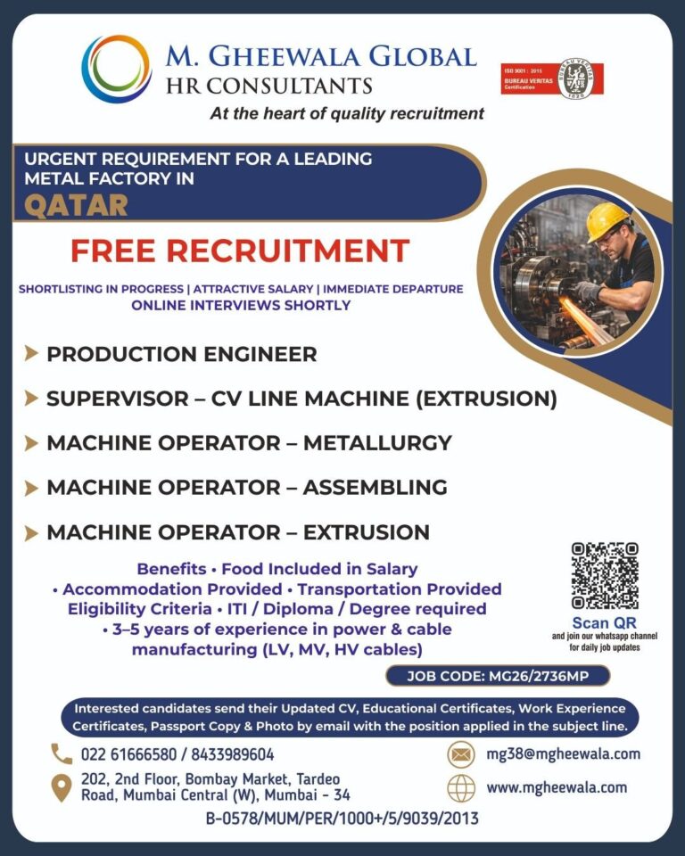 Production Engineer Jobs in Qatar – Supervisor, Machine Operator