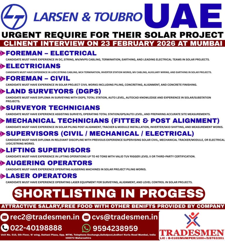 Solar Project Jobs in India – Foreman, Land Surveyor, Augering Operator