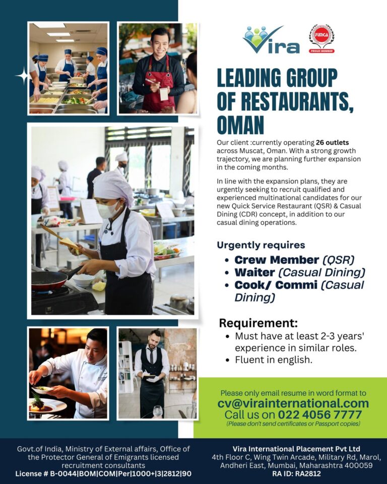 Restaurant Jobs in Oman – Crew Member, Waiter, Cook/Commi